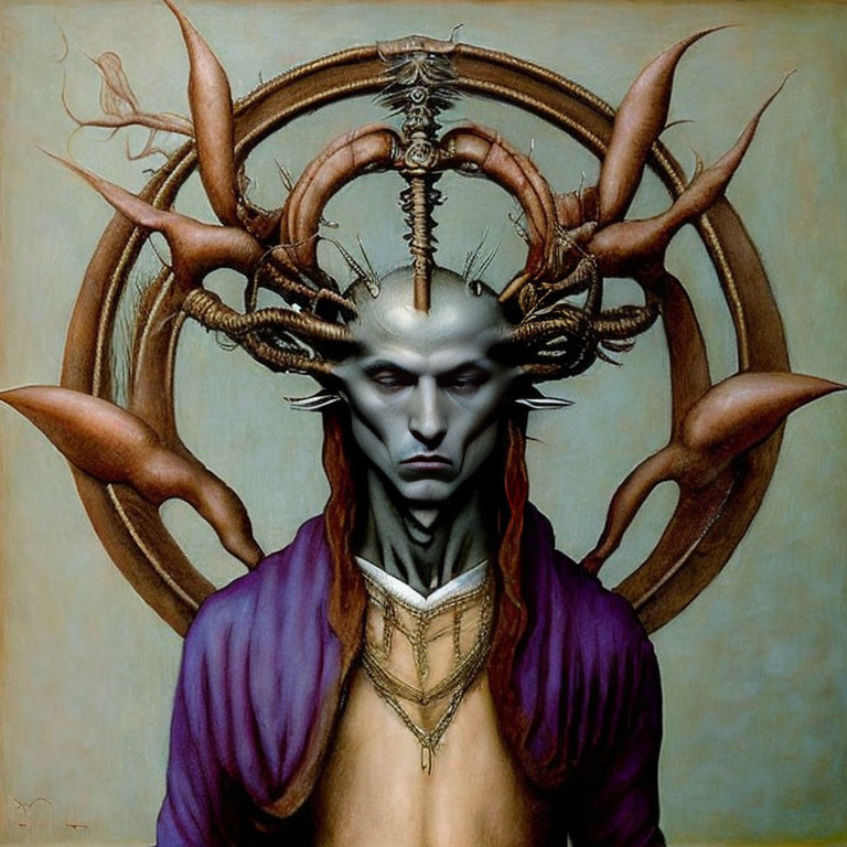 Male fantasy portrait: pale skin, dark lips, purple cloak, bone and horn headdress