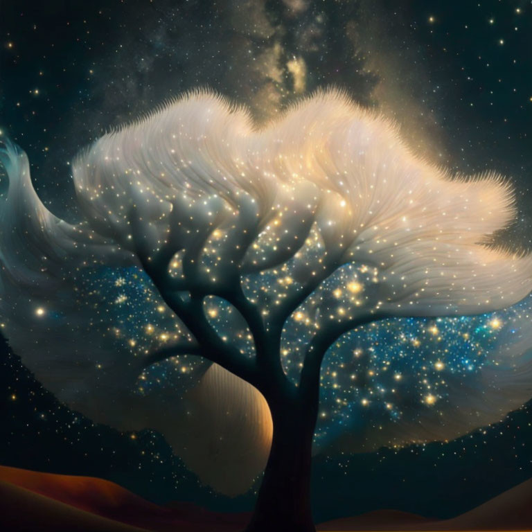 Glowing tree with nebula branches under crescent moon