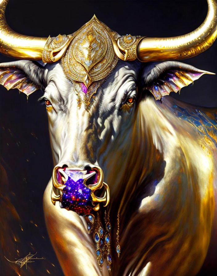 Golden bull with jeweled headpiece and nose ring on dark background