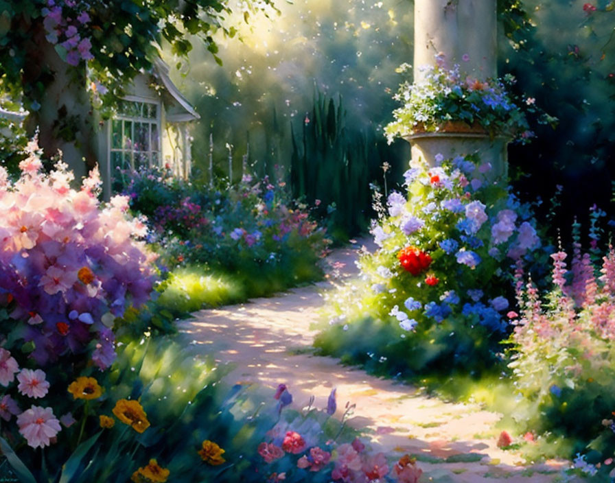 Sunlit Garden Path with Colorful Flowers and Arched Trellis