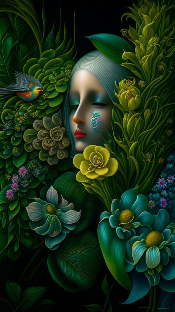 Surreal artwork: woman's face merges with greenery, flowers, bird