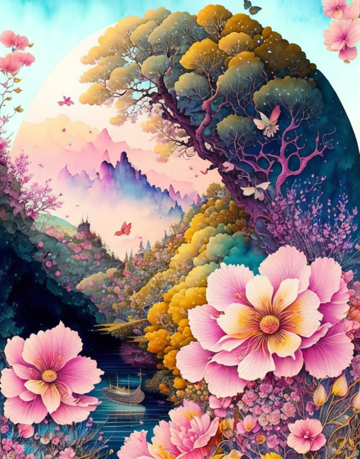 Colorful landscape with blooming tree, pink flowers, mountains, river, and Asian architecture.