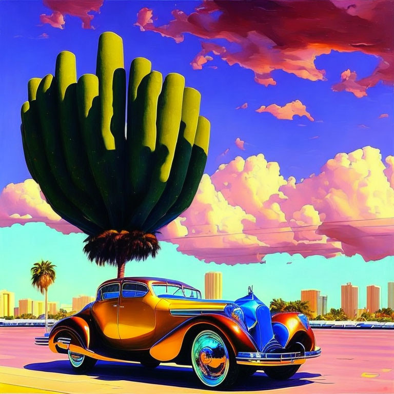 Vibrant classic car and green cactus in hand shape illustration