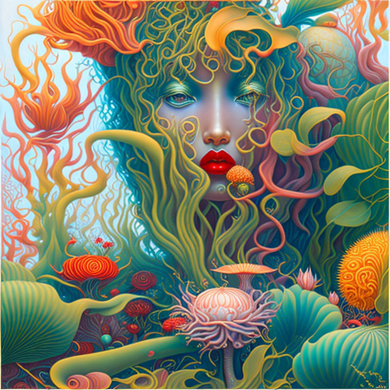 Colorful surreal portrait of a woman with flora and fauna hair in vivid hues.