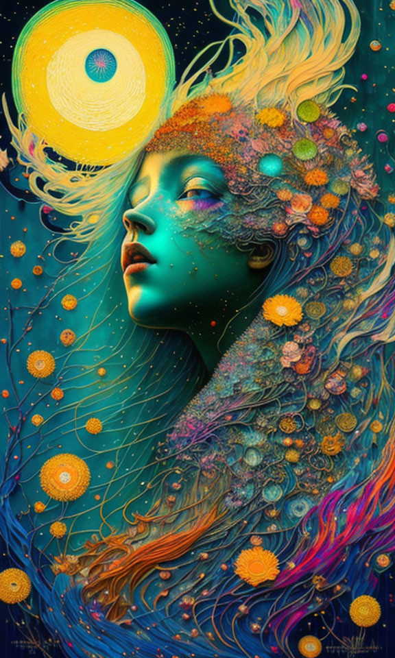 Colorful woman profile with cosmic and floral elements on starry backdrop