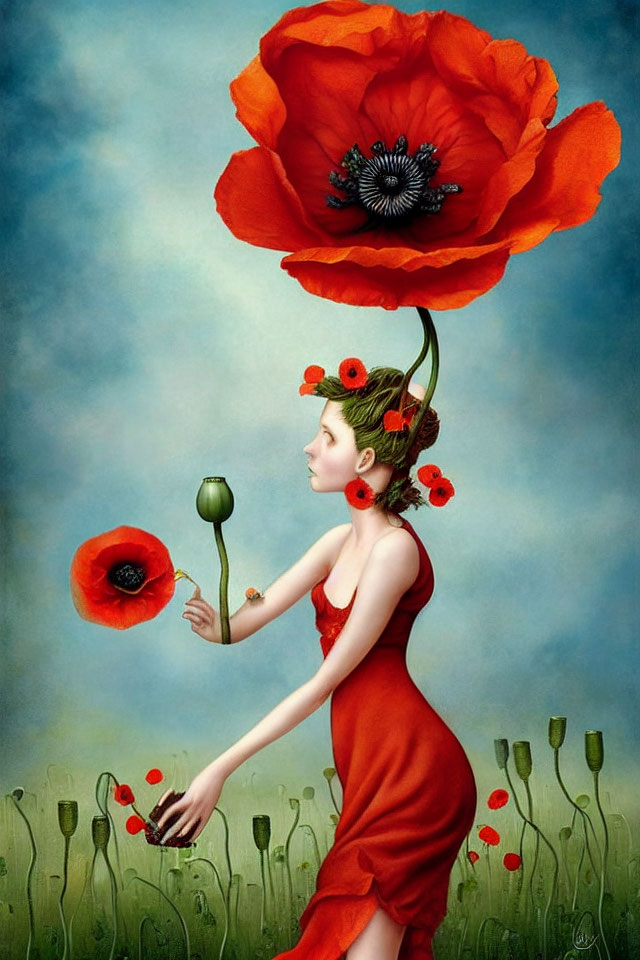 Stylized painting of woman in red dress with poppies, floating poppy, and field of