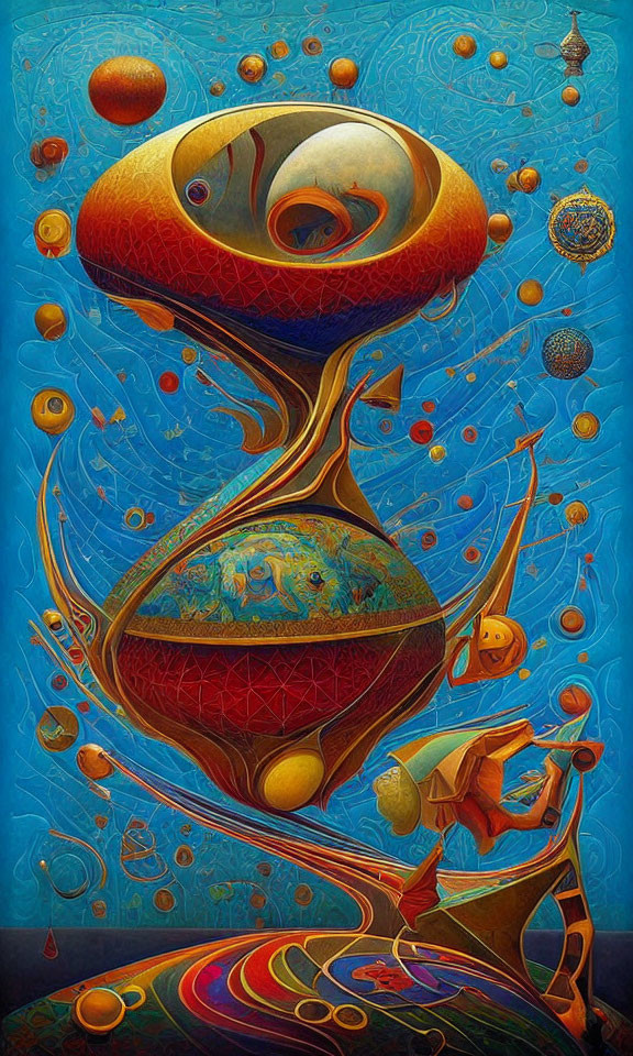 Colorful surreal painting with abstract figures and orbs in cosmic setting