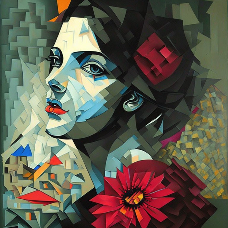 Colorful Cubist-Style Painting of Woman's Face with Blue Eyes, Red Lips, and Abstract