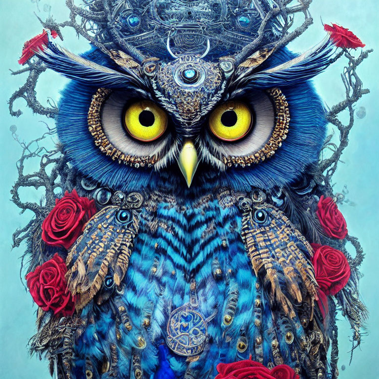 Detailed Owl Artwork with Blue Feathers, Yellow Eyes, and Red Roses in Twisted Branches