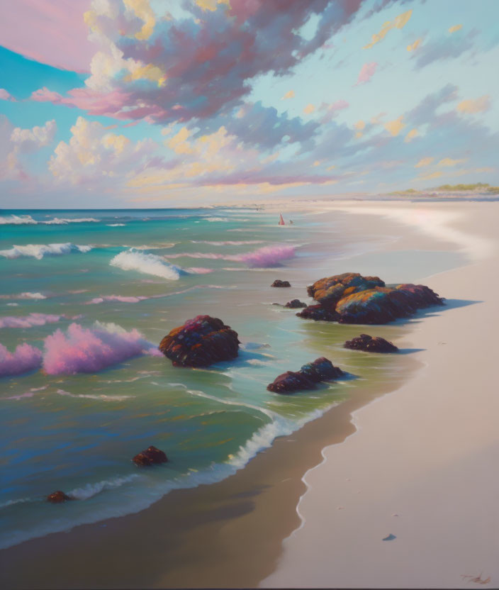 Tranquil beach scene with gentle waves, rocks, colorful clouds, sailboat, and pastel