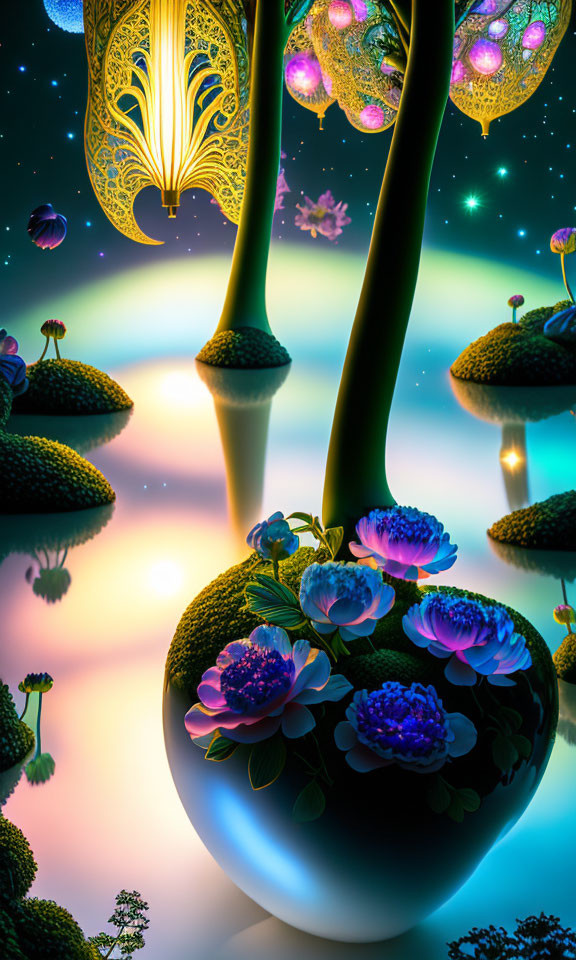 Surreal glowing trees and floating islands in vibrant landscape