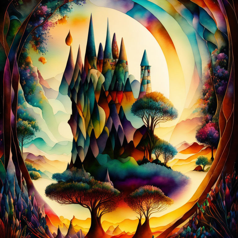 Vibrant fantasy landscape with stylized mountains, castles, and rainbow sky