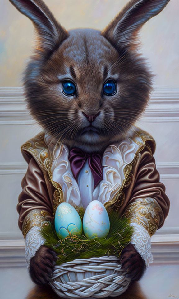 Whimsical brown rabbit in suit with blue eyes and Easter eggs basket