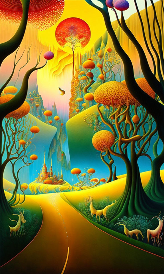 Colorful fantasy landscape with whimsical trees, mushrooms, castle, and creatures under gradient sky