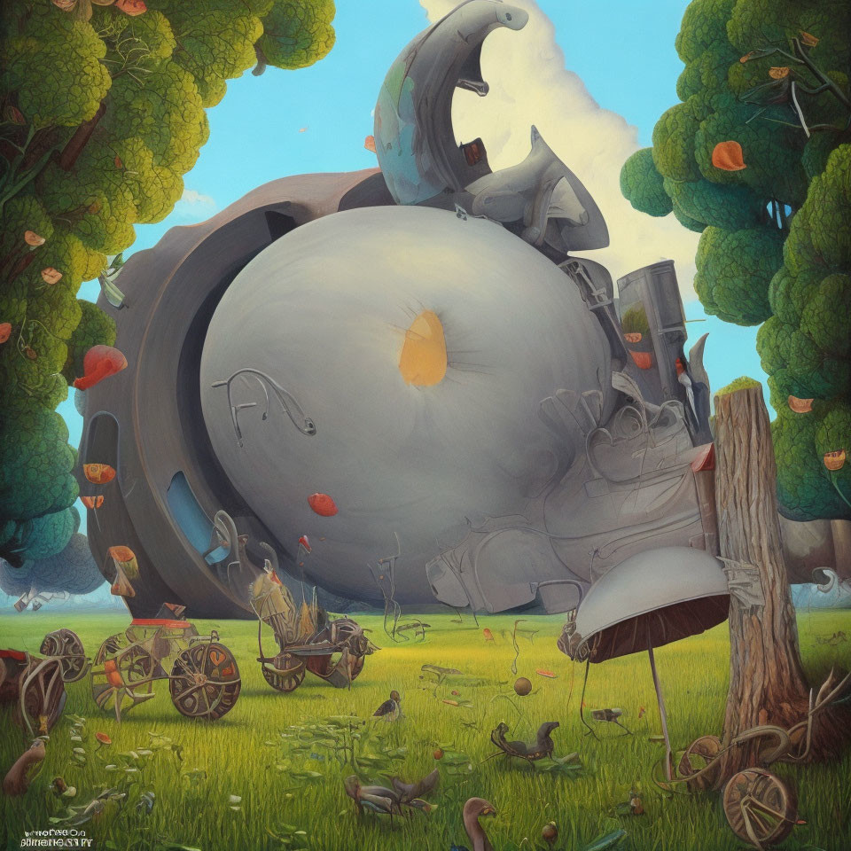 Surreal artwork: large mechanical creature with porthole, limbs, trees, carts, birds