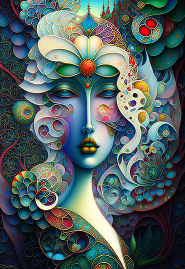 Vibrant digital artwork: stylized woman's face with surreal patterns