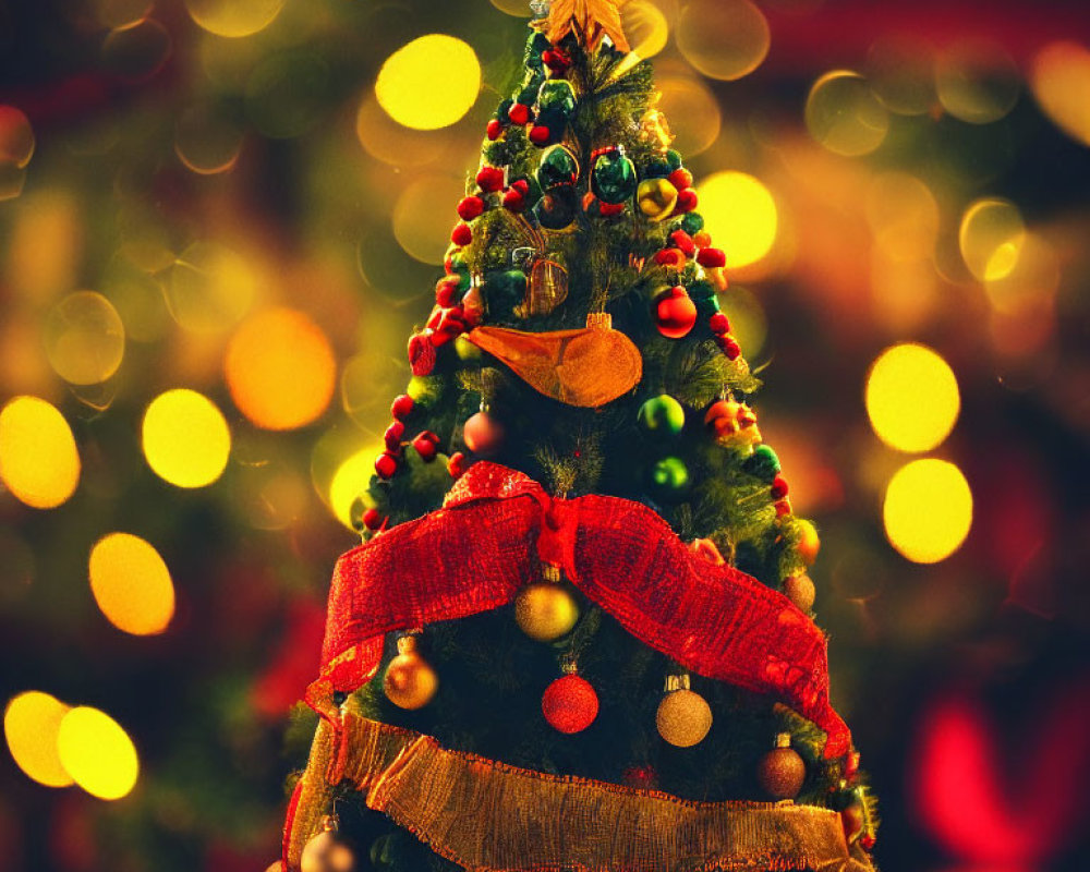 Festive Christmas tree with red and gold ornaments and star topper