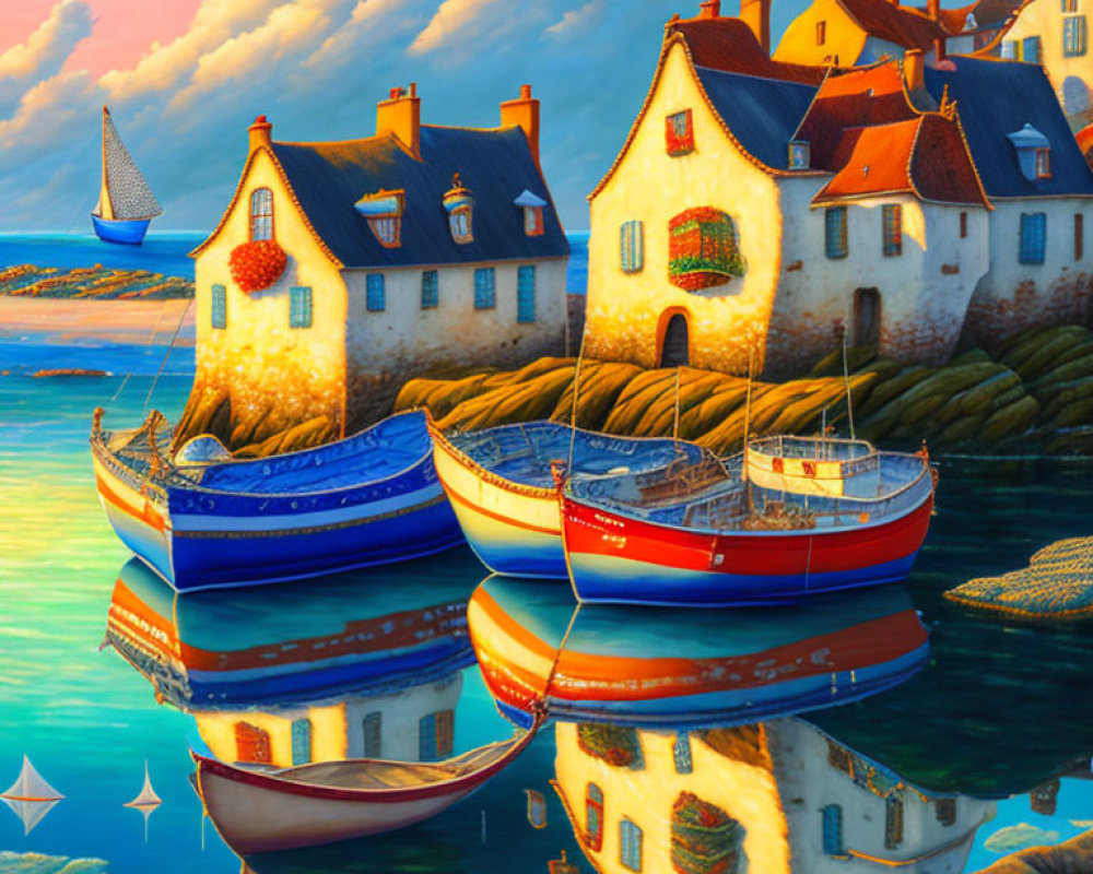 Vibrant Coastal Houses Painting by Calm Sea