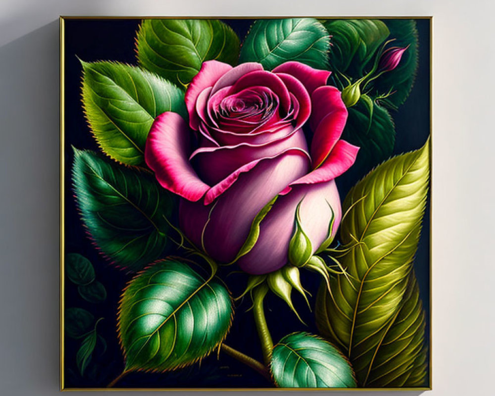 Pink Rose Painting in Square Black Frame on White Wall