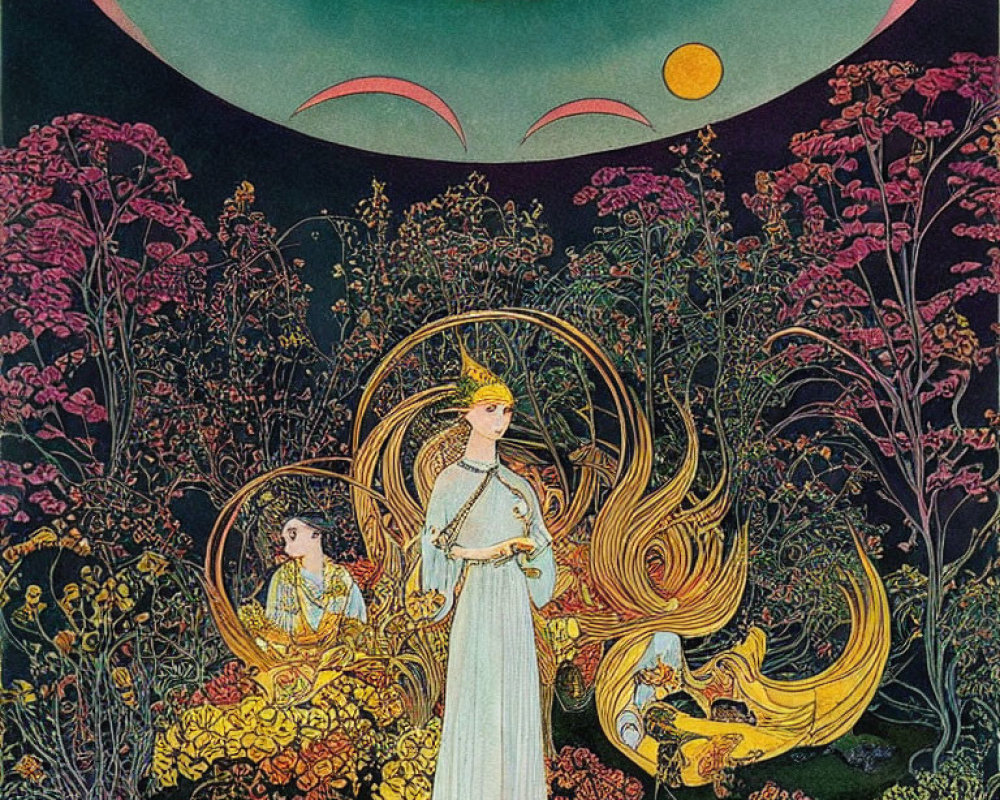 Art Nouveau illustration of three ethereal female figures in floral landscape