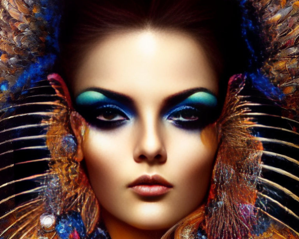 Colorful Peacock Motif Makeup Look with Vibrant Blue Eyeshadow