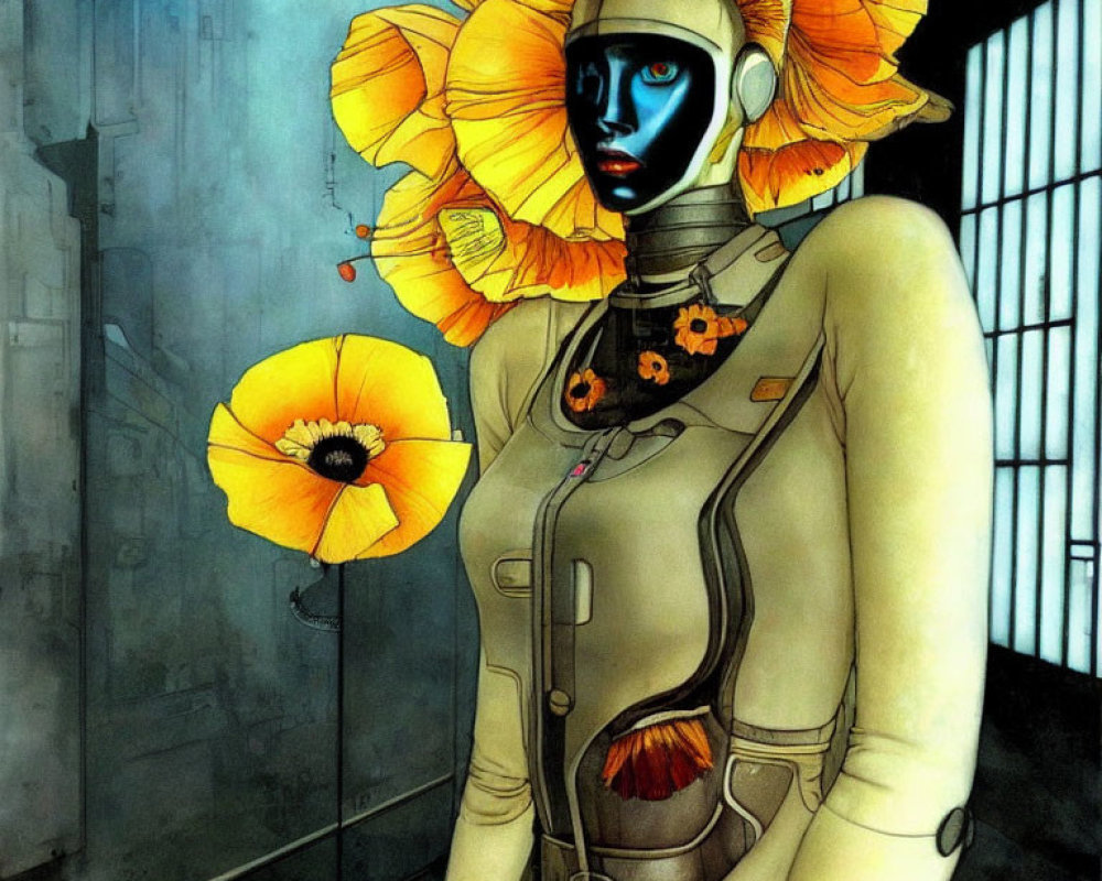 Illustration of humanoid robot with floral headpiece in industrial setting