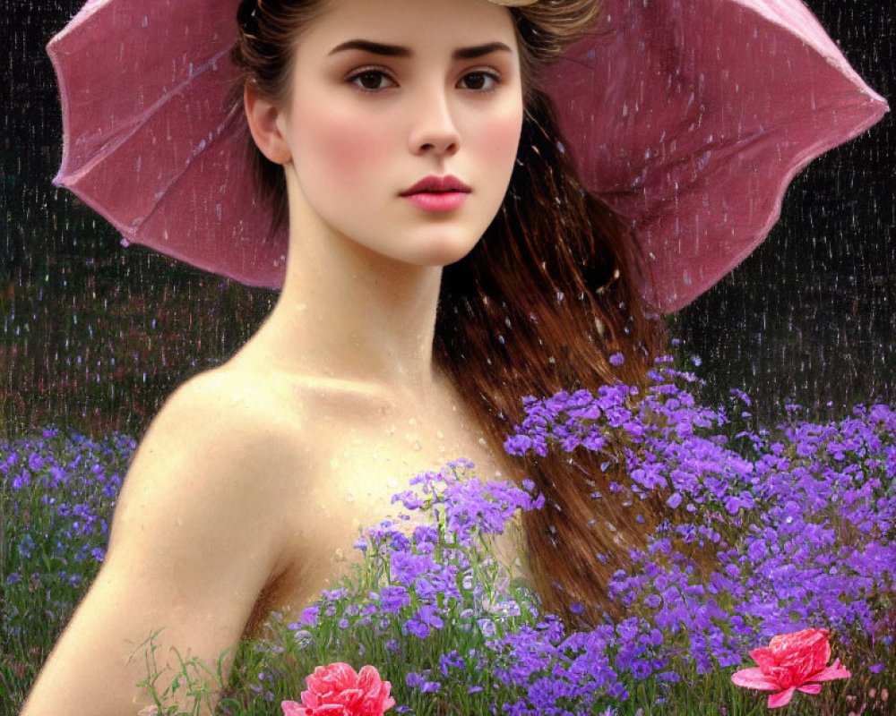 Woman with pink umbrella surrounded by purple flowers and rain droplets, red roses in focus