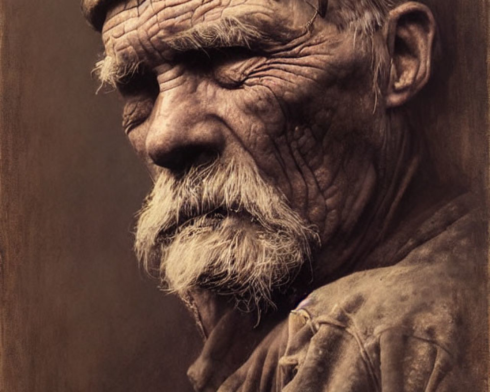 Elderly man with weathered skin and white beard in sepia portrait