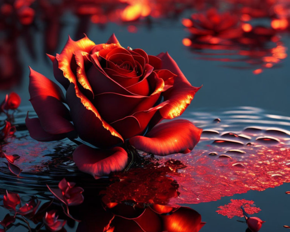 Bright red rose among petals reflected in calm water under warm light