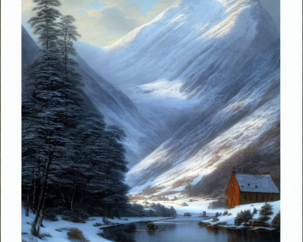 Winter landscape with chapel, frozen river, snowy mountains, evergreen trees, dusky sky