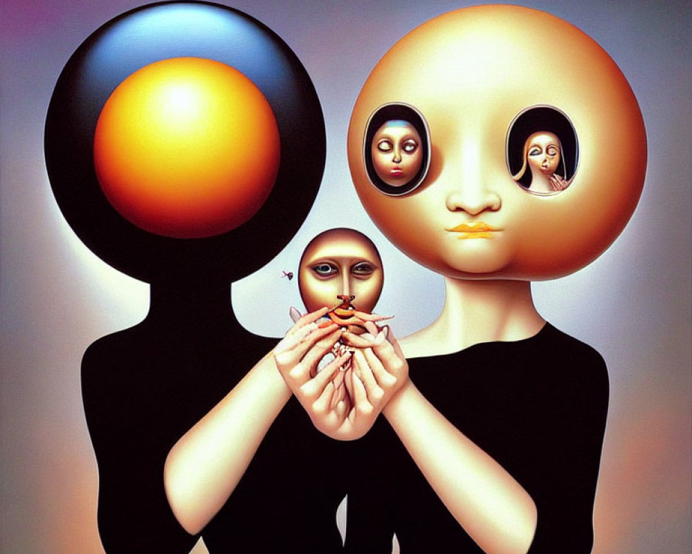 Surreal artwork: two figures with large, hollow heads, one holding smaller figures, on gradient