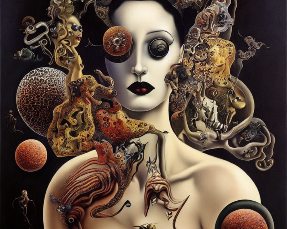 Surreal painting of female figure with bizarre elements and textures