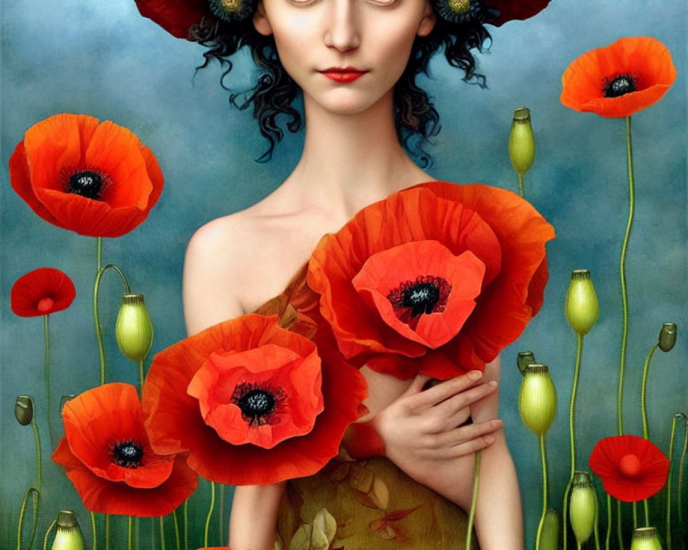 Surreal portrait of woman with red poppies in hair on blue background