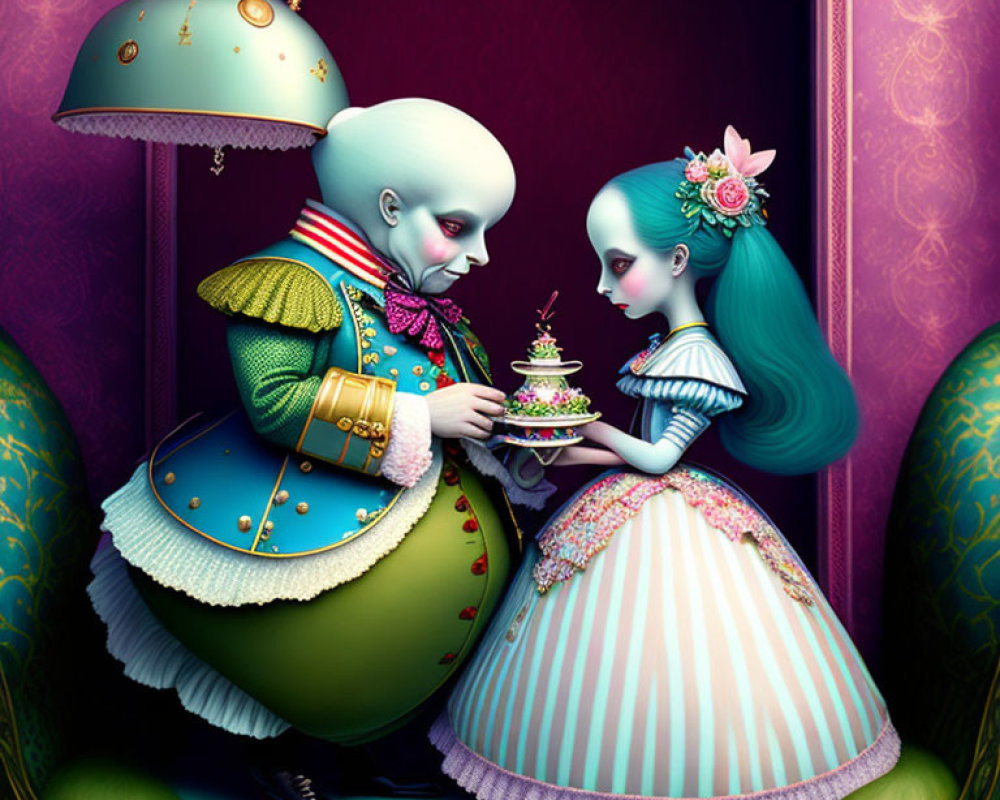 Ornately Dressed Doll-like Figures Sharing Cake in Dreamy Setting