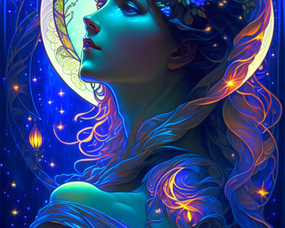 Digital artwork of woman with flower crown under moonlit sky