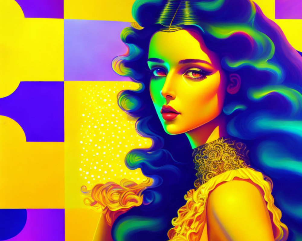 Colorful digital artwork: woman with rainbow hair on checkered background