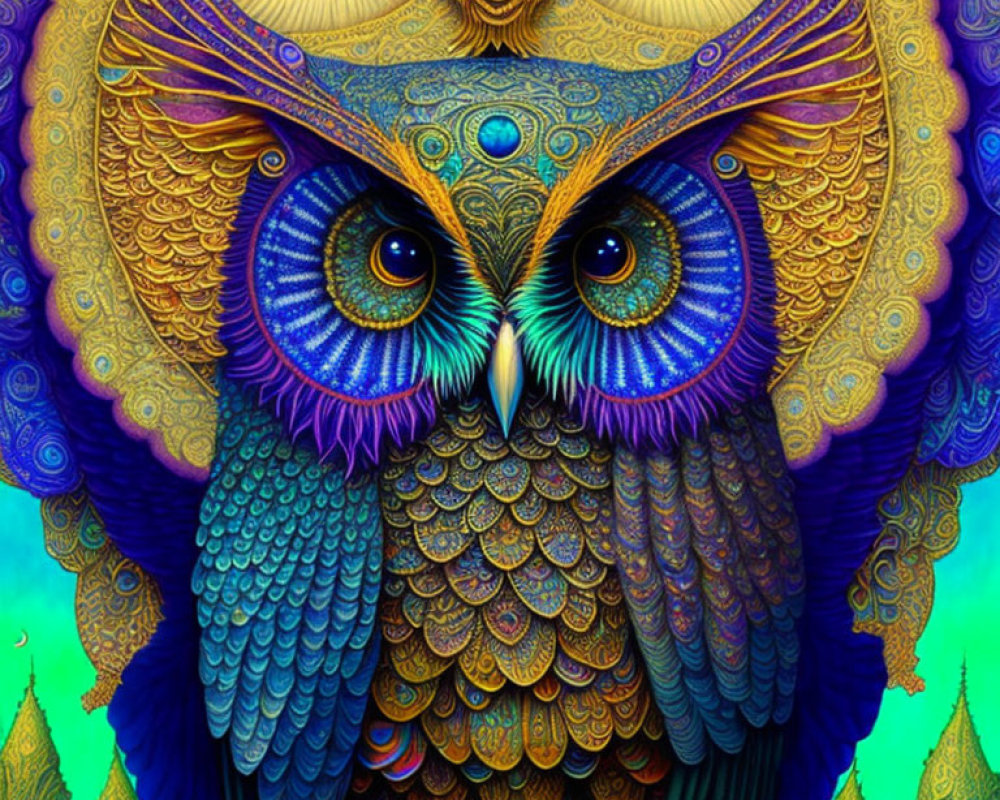 Colorful Owl Illustration with Intricate Patterns and Blue Eyes on Psychedelic Background