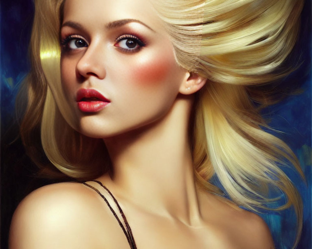 Blonde woman with striking makeup on dark blue background