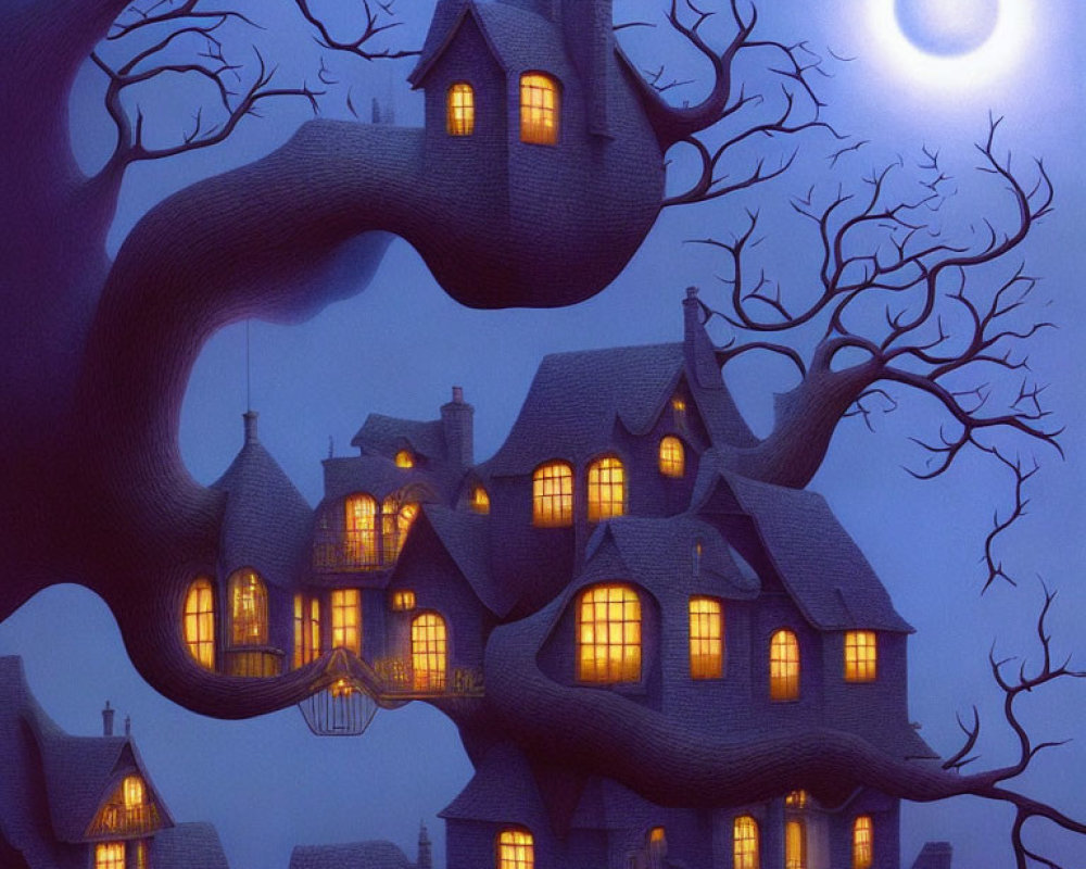 Nighttime scene with glowing houses and twisted trees under full moon