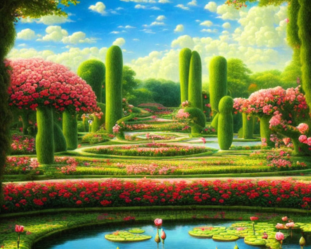 Tranquil garden with topiaries, vibrant flowers, and serene pond