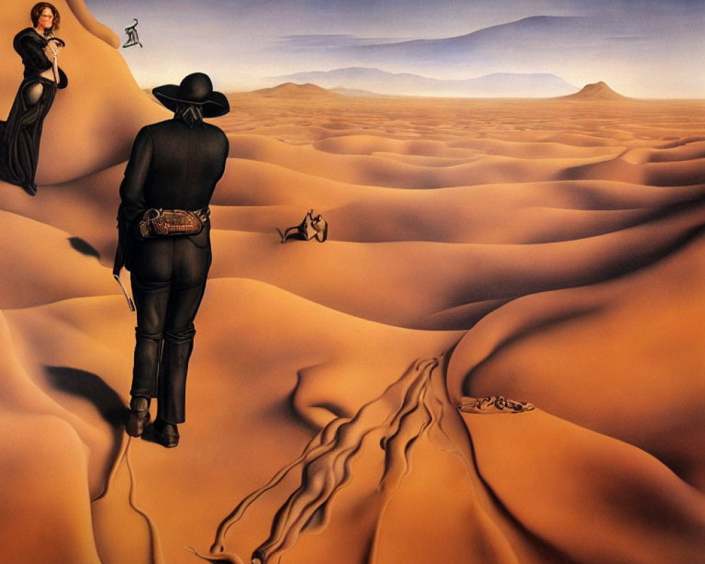 Surreal desert landscape with melting clocks and figure in wide-brimmed hat