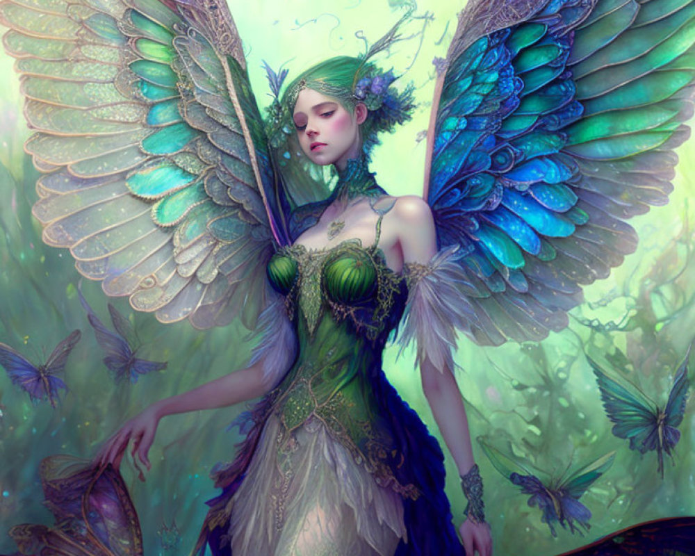 Fantastical digital artwork of female figure with blue butterfly wings in mystical green setting