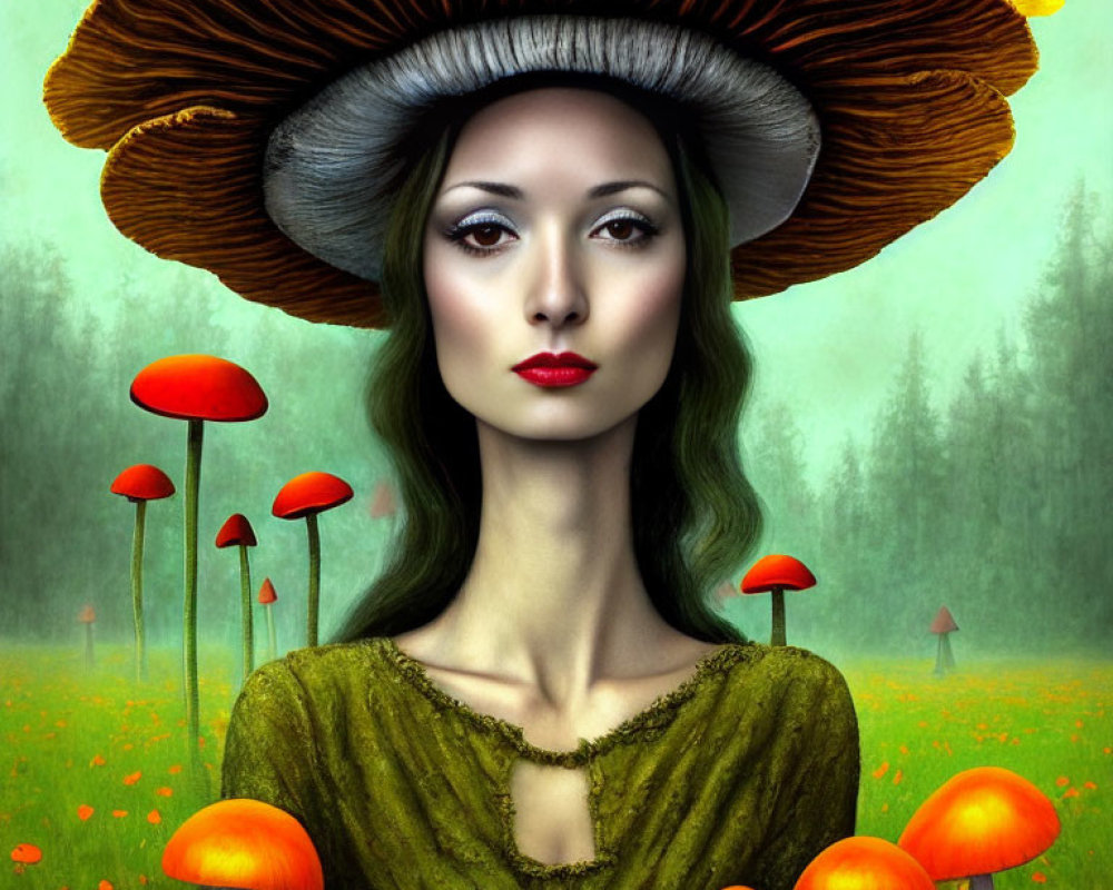 Surreal portrait of a woman with mushroom hat in misty forest