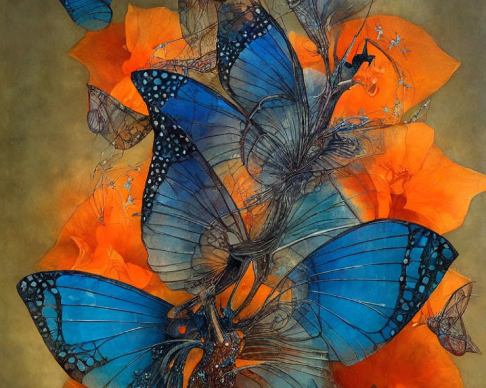 Colorful digital artwork: Blue butterflies on orange flowers with golden background