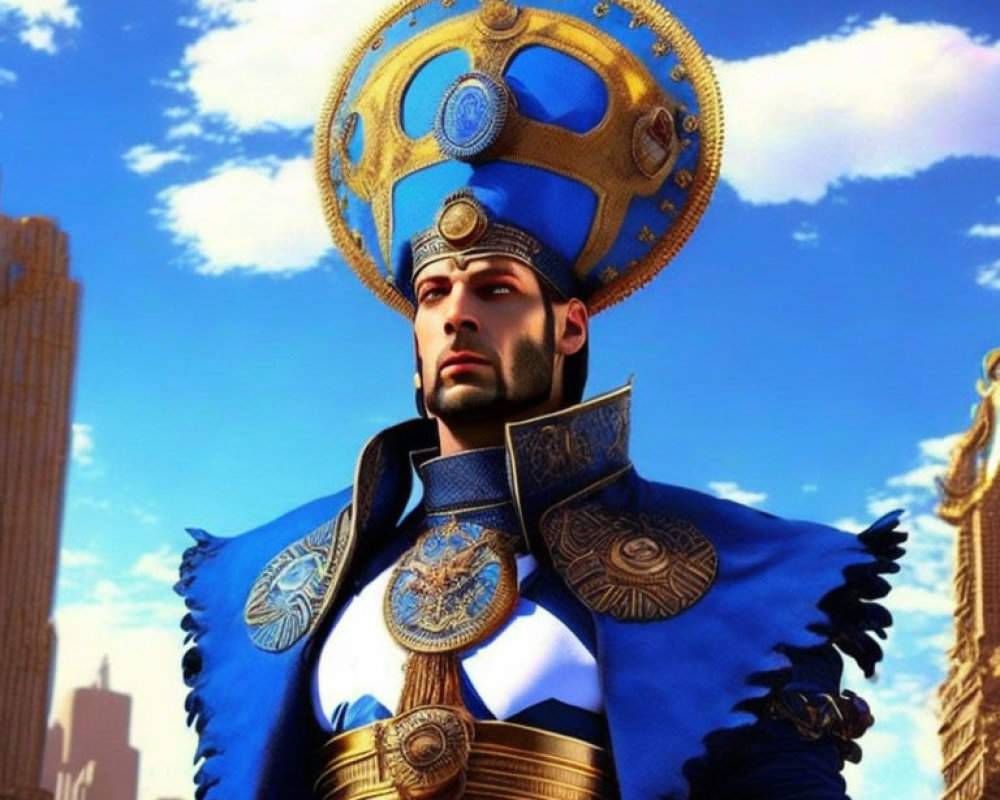 Elaborate Blue and Gold Armor Figure with Ornate Headdress