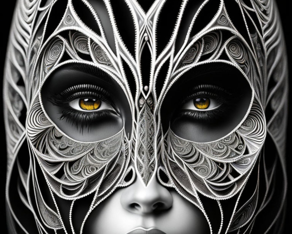 Monochrome image of person in detailed feather-like mask with intense yellow eyes