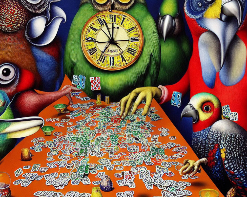 Colorful artwork: owl with clock face, parrot, surreal hands, mahjong tiles, liquid