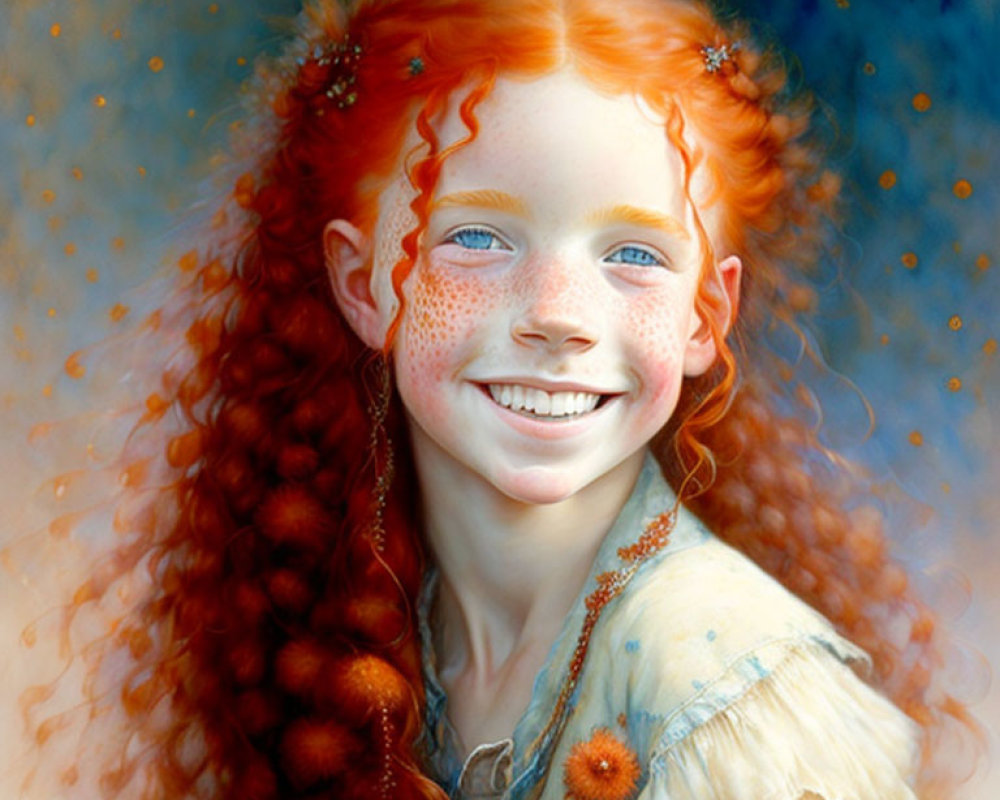 Red-haired girl with freckles and blue eyes smiling with orange flowers in hair