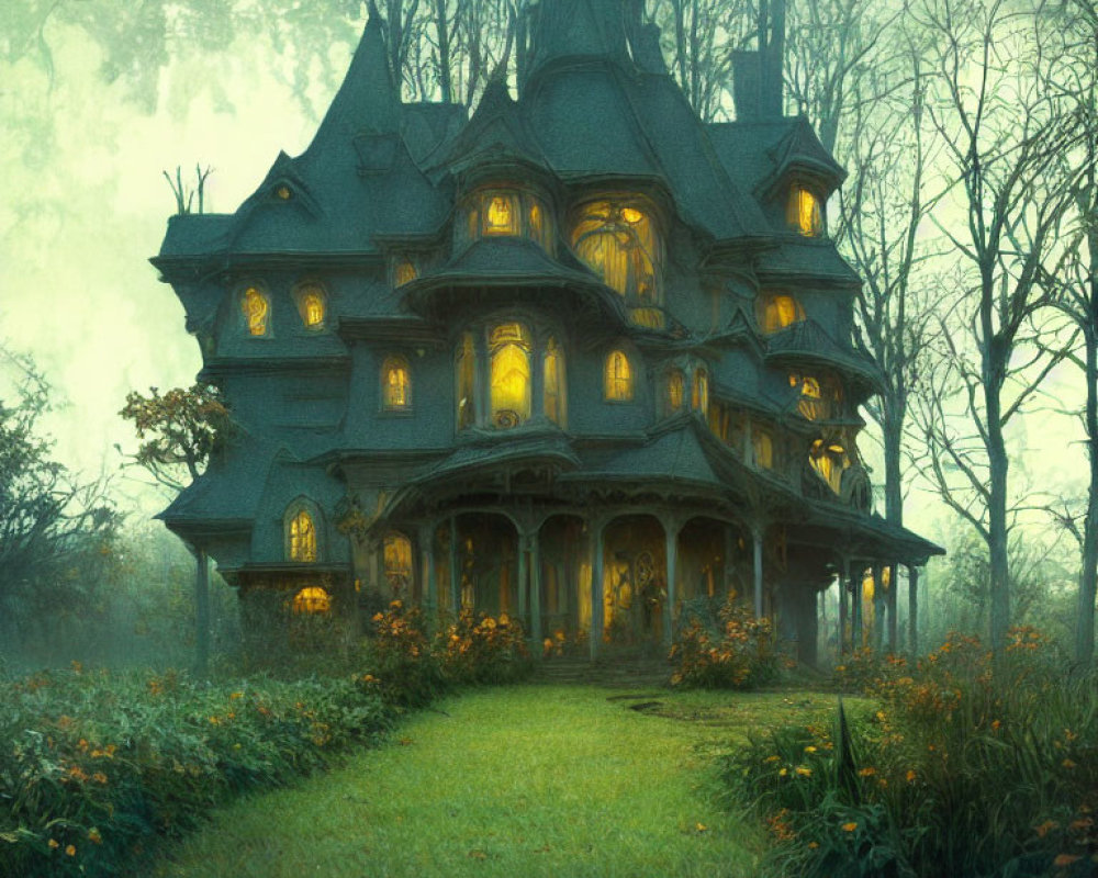 Victorian house with warm lights in misty forest at dusk