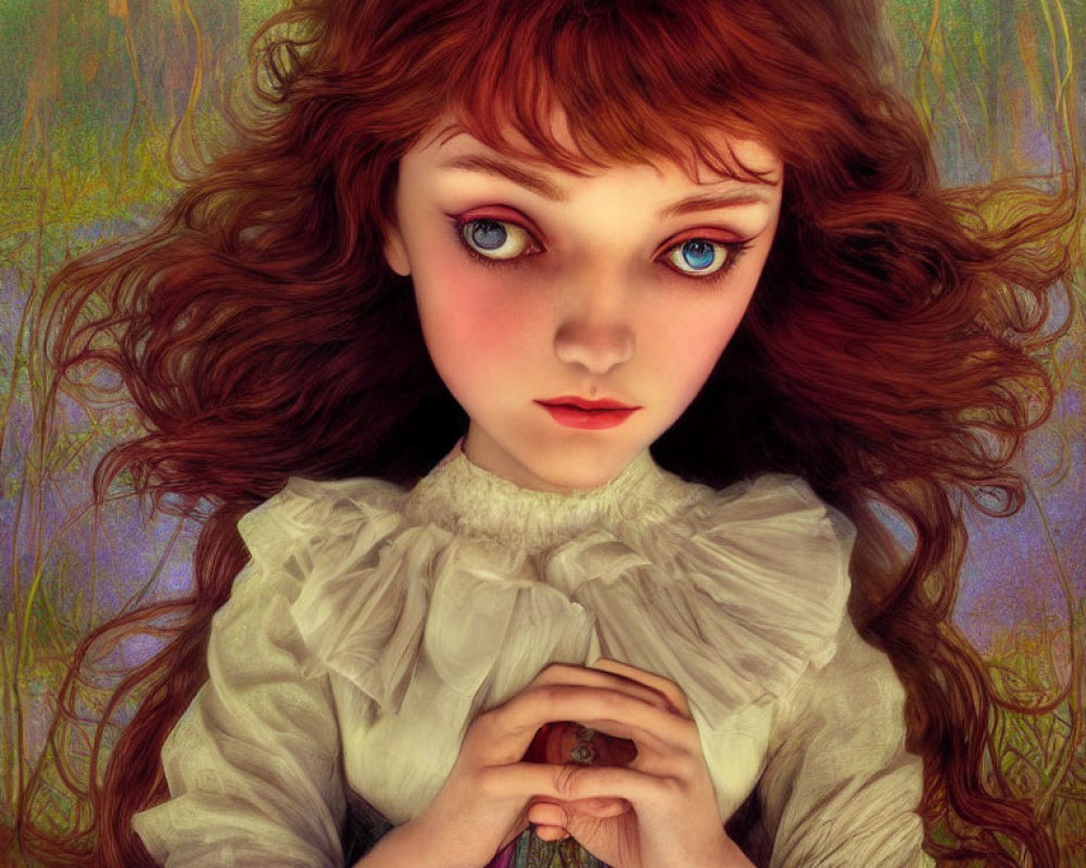 Digital artwork: Young girl with blue eyes and red hair in forest.